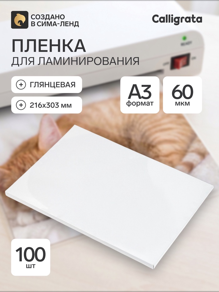 Пленка для ламинирования A3, 100 штук, глянцевая, 60 мкм, 303×426 мм - Фото 1