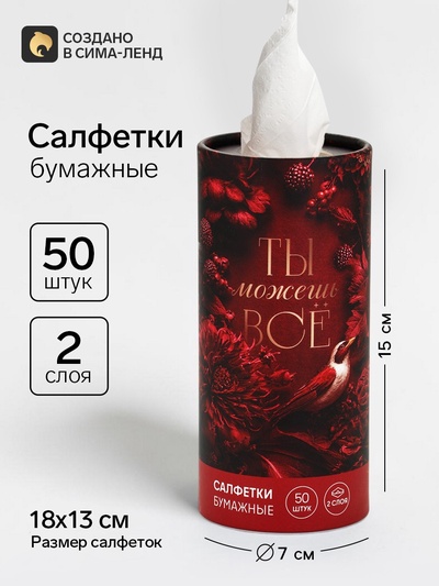 Салфетки бумажные в тубусе «Ты можешь все», 50 шт.