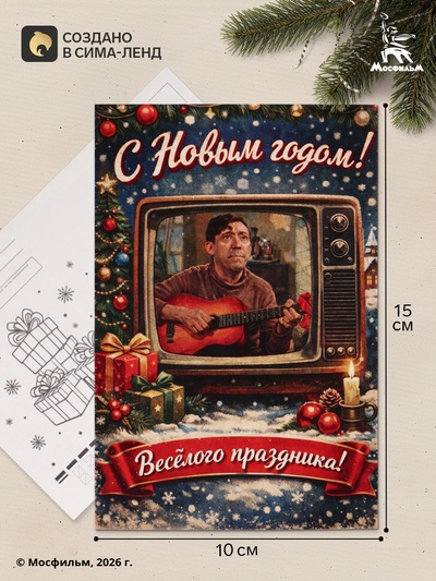 Открытка новогодняя «Весёлого праздника», Мосфильм, 10×15 см
