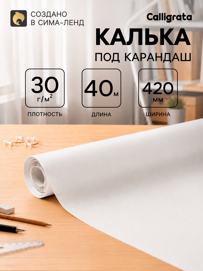 Калька под карандаш 420 мм в рулоне 40 м, 30 г/м² - Фото 1