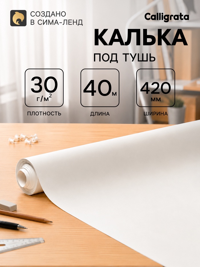 Калька под тушь 420 мм в рулоне 40 м, 30 г/м² - Фото 1