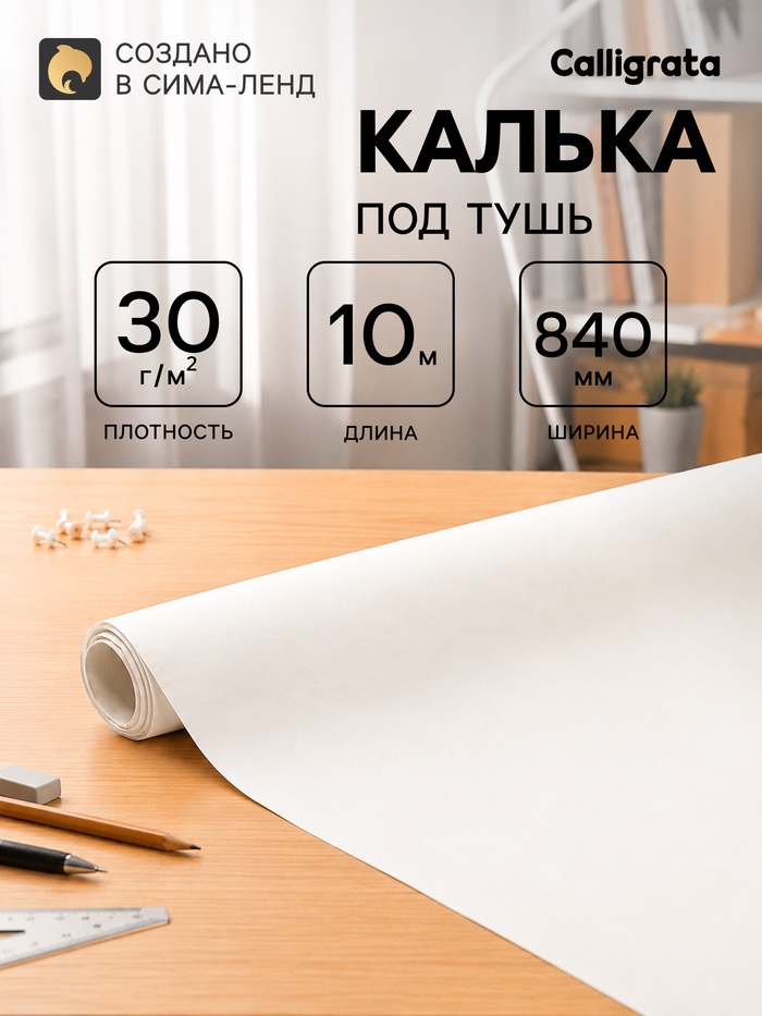 Калька под тушь 840 мм в рулоне 10 м, 30 г/м² - Фото 1