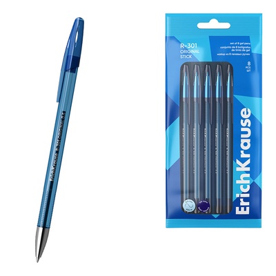 Ручки гелевые ErichKrause R-301 Gel Stick Original, 8 штук, узел 0.5 мм, синие