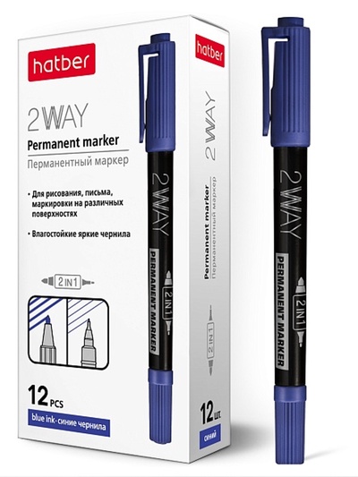 PM_060854 Маркер перманентный ДУО Двухсторонний 1 mm/0,5 mm закругл.  пишущ. узел Синий