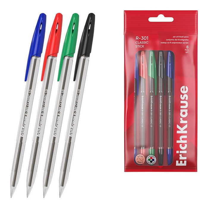 Набор ручек шариковых ErichKrause R=301 Stick Classic, 8 штук, узел 1 мм