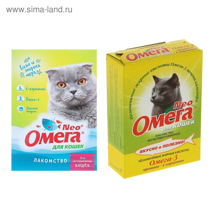 Лакомство Омега Neo для кошек, с протеином и L-карнитином, 90 табл. - Фото 1