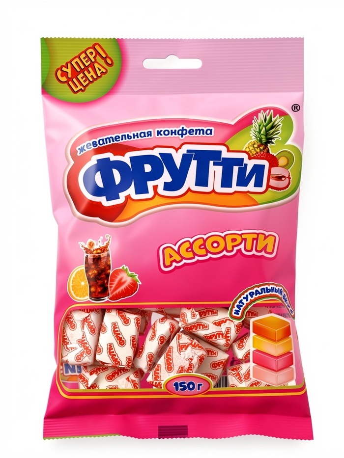 Жевательная конфета Фрутти, вкус: тропических фруктов, апельсина и клубники, 150 г