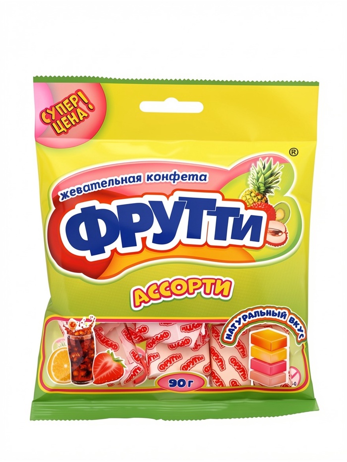 Жевательная конфета Фрутти, вкус: тропических фруктов, апельсина и клубники, 90 г