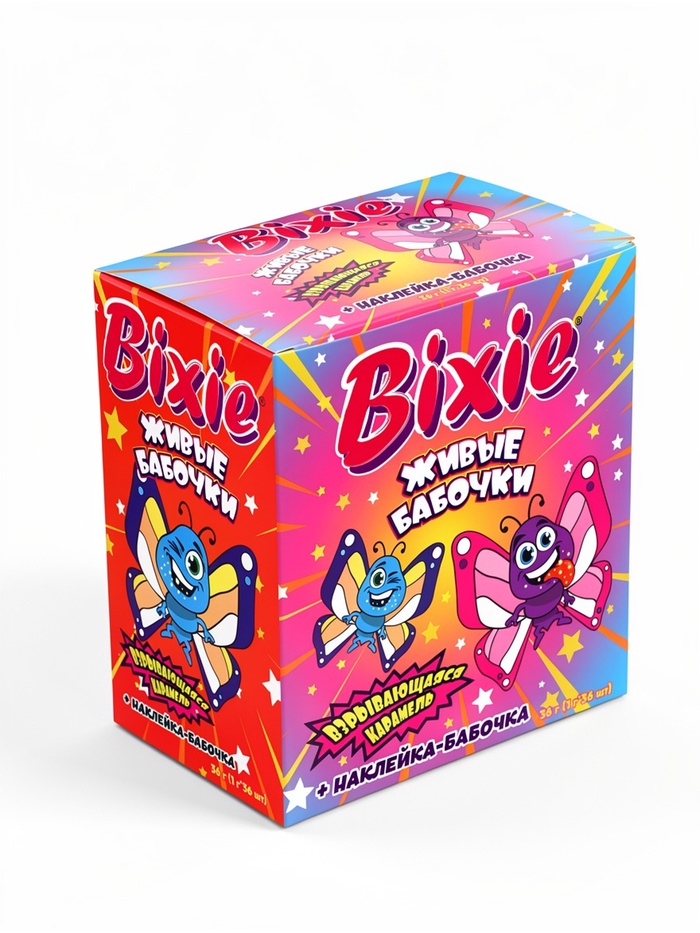 Взрывающаяся карамель + наклейки Bixie, вкус: ассорти, дисплей-бокс, 12×36×1 г