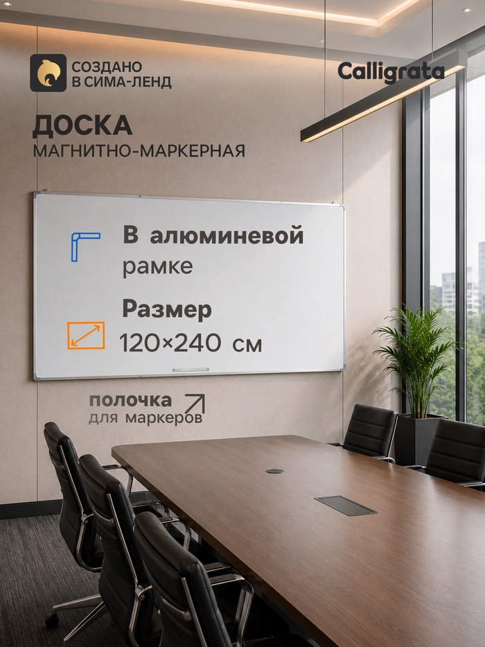 Доска магнитно-маркерная 120×240 см, с полочкой, в алюминиевой рамке, CALLIGRATA