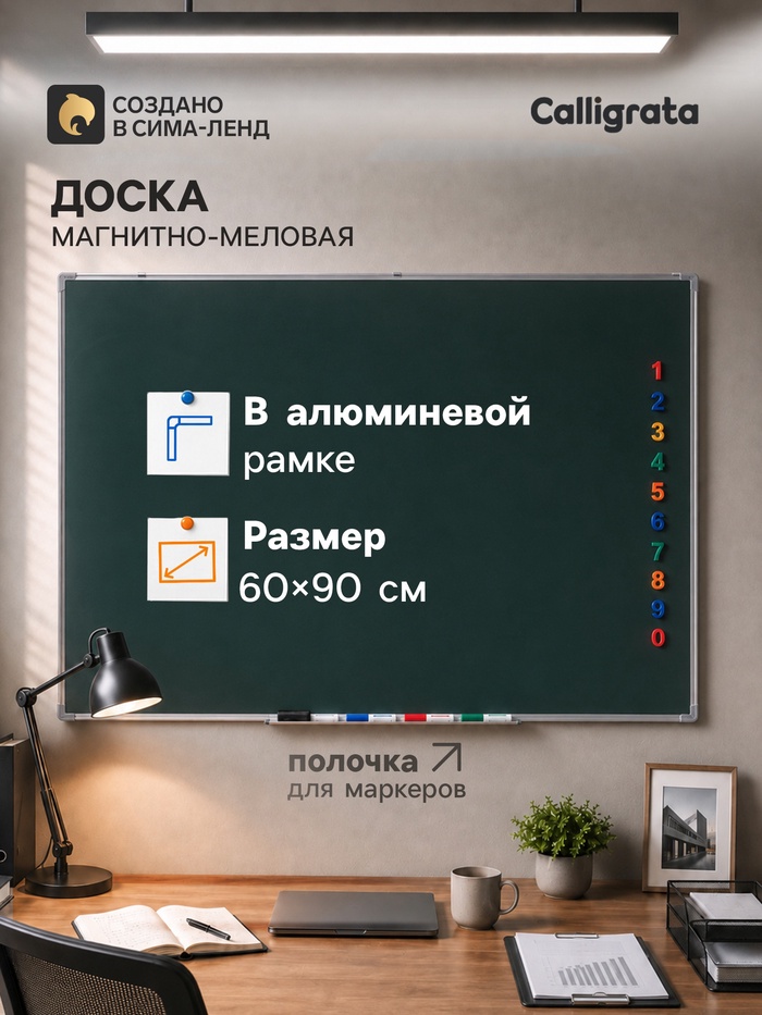 Доска магнитно-меловая, 60×90 см, зеленая, с полочкой, в алюминиевой рамке, CALLIGRATA