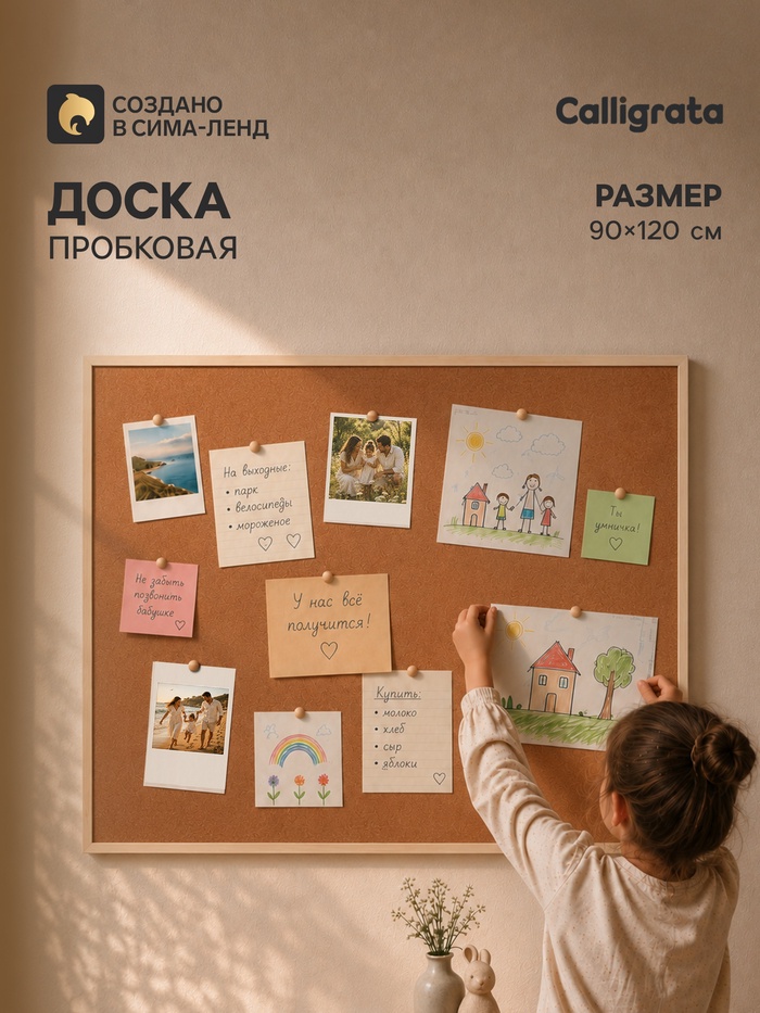 Доска пробковая, 90×120 см, в деревянной раме, CALLIGRATA