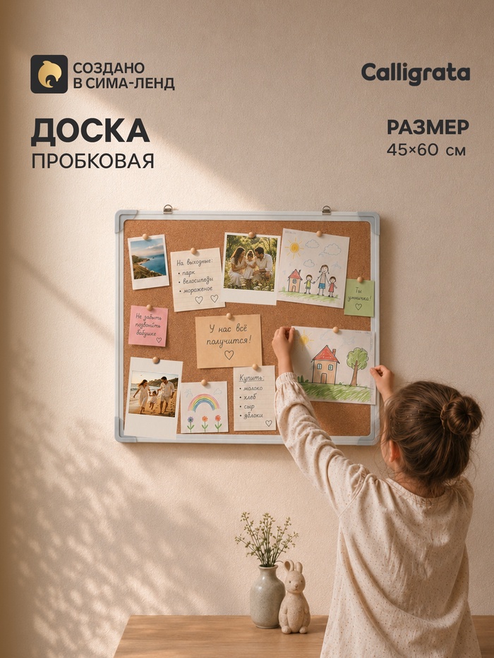 Доска пробковая, 45×60 см, в ПВХ рамке белого цвета, CALLIGRATA