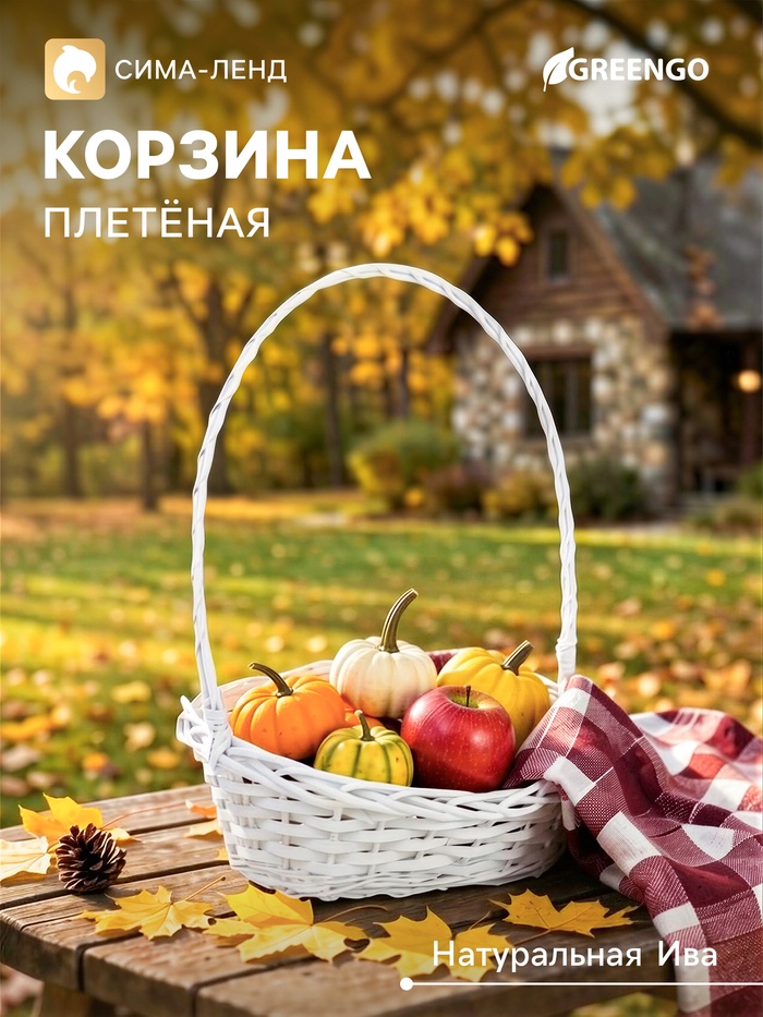 Корзина плетёная для хранения, из лозы, 39×29×49 см, с ручкой, белая, Greengo