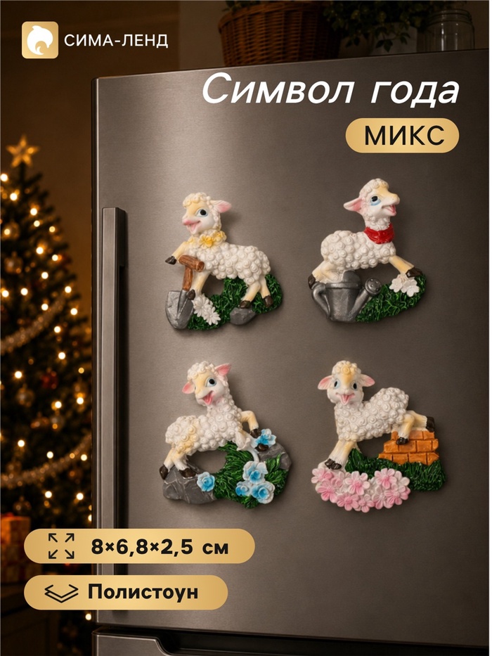 Магнит на холодильник «Барашек в саду», полистоун, 8×6.8×2.5 см, МИКС - Фото 1