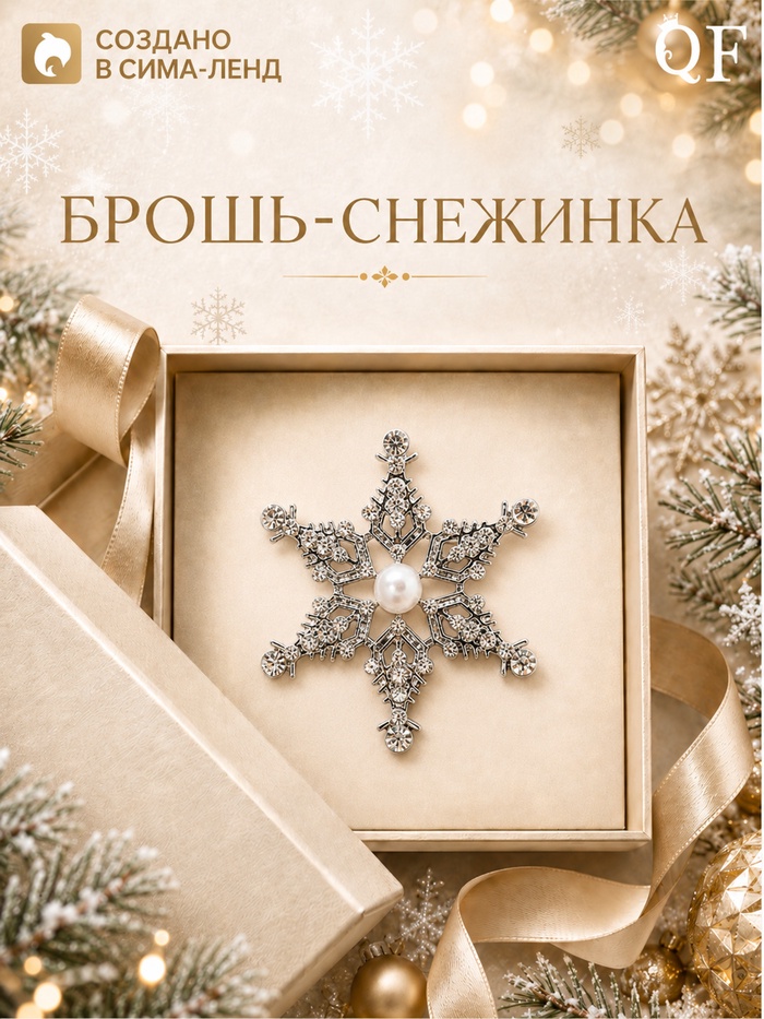 Брошь новогодняя «Снежинка» ажурная с бусиной, белая в серебре - Фото 1