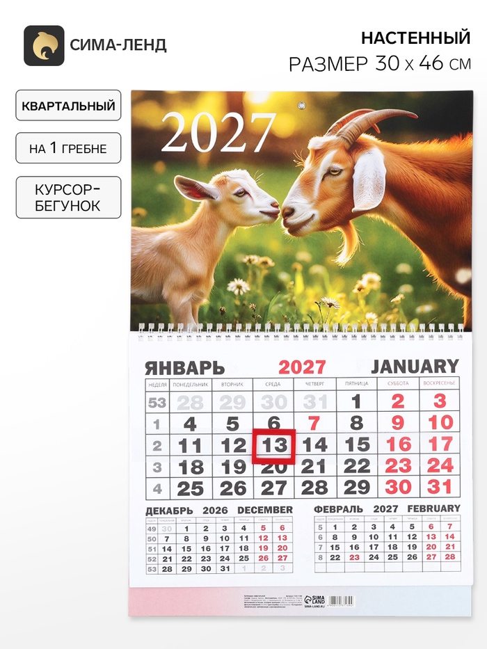 Календарь 2027, квартальный моно «Два козла» 30×46 см - Фото 1