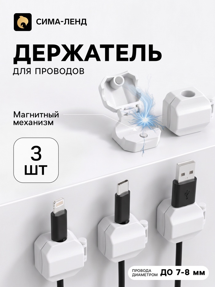 Держатель для проводов 2.2×2.8 см, набор 3 шт., самоклеящийся, белый - Фото 1
