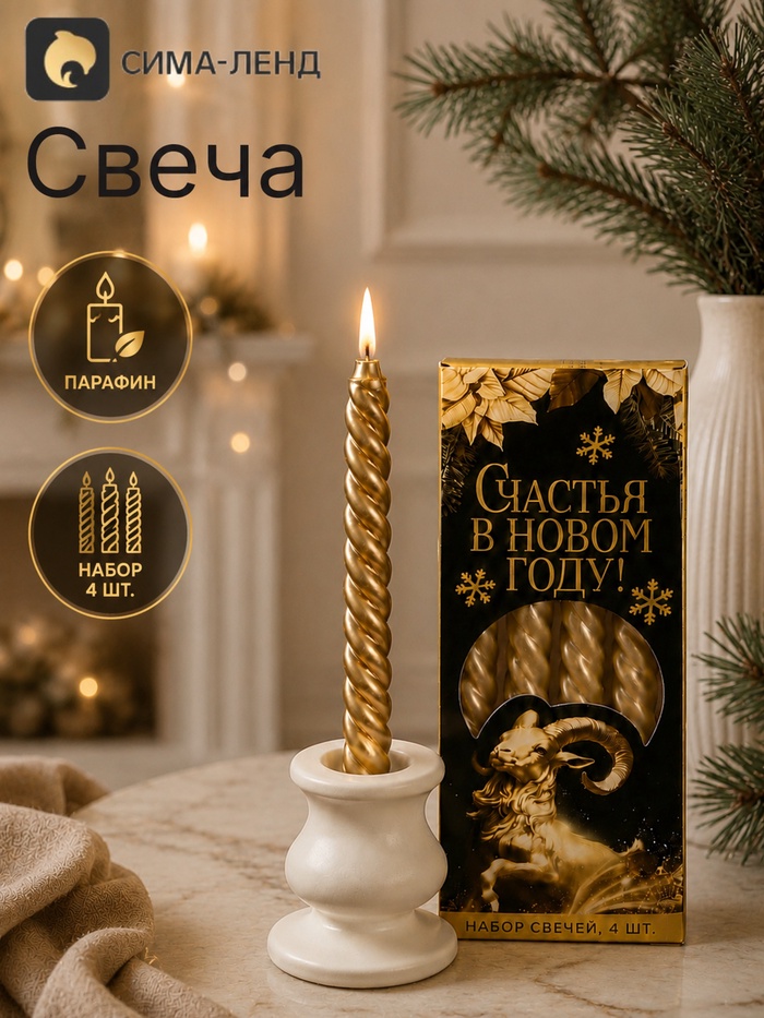 Свечи новогодние витые «Счастья в новом году», 4 шт., золото, 6.8×16×2 см