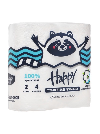 Туалетная бумага HAPPY со втулкой, аромат мягкого хлопка, 2 слоя, 4 рулона