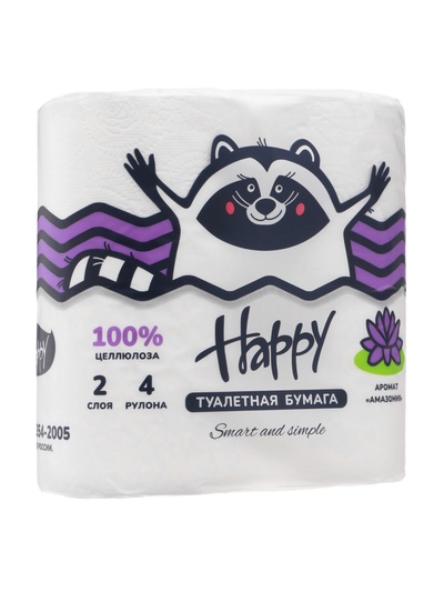 Туалетная бумага HAPPY со втулкой, аромат амазония, 2 слоя, 4 рулона