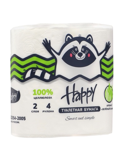 Туалетная бумага HAPPY со втулкой, аромат бамбук, 2 слоя, 4 рулона