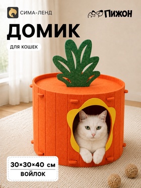 Домик для кошек "Морковка" из войлока, раскладной, 40 х 30 см, оранжевый, зеленый
