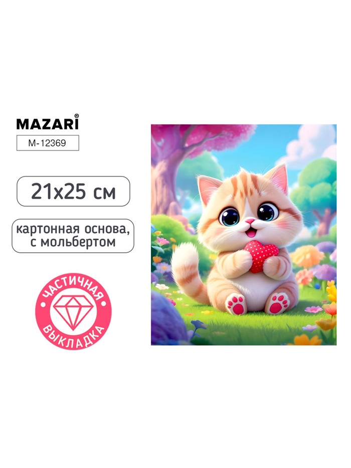 Алмазная мозаика «Котик с сердечком» 21×25 см, с мольбертом