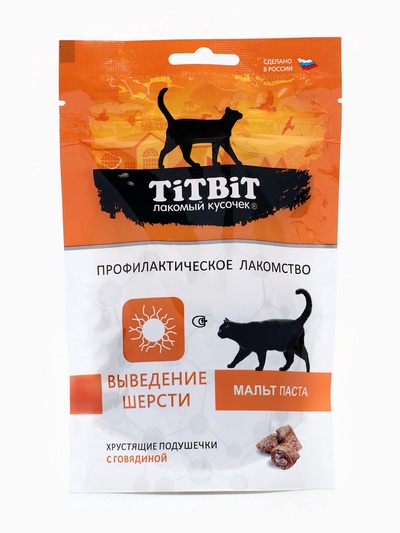 УЦЕНКА Хрустящие подушечки TitBit для кошек, для выведения шерсти, с говядиной, 60 г, (до 29.11.26)