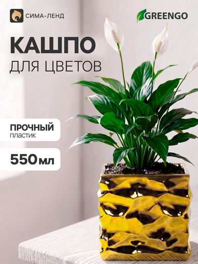 Декоративное кашпо для цветов «Квадро», пластиковое, 550 мл, 8×8×8 см, золотистое, Greengo