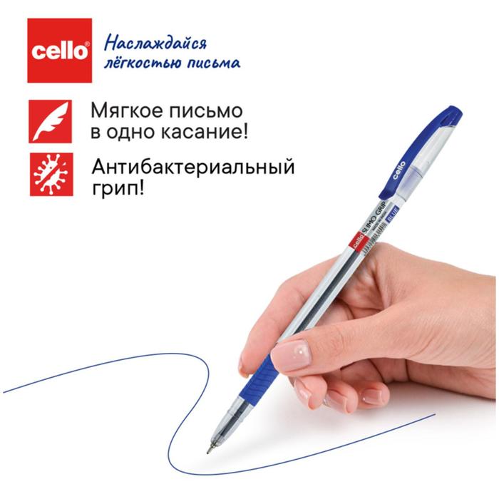 Ручка шариковая Cello Slimo Grip, узел 0.7 мм, резиновый упор, чернила синие, корпус прозрочный - Фото 1