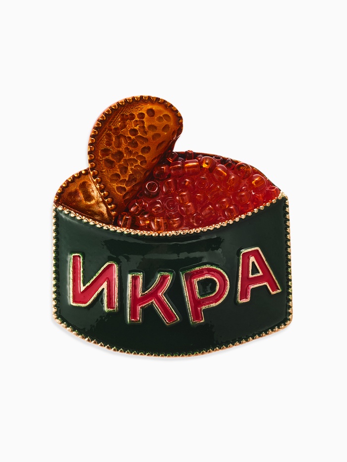 Брошь новогодняя «Баночка икры», цветная в золоте