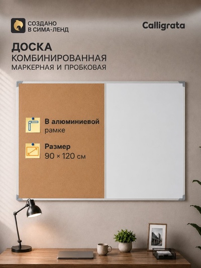 Доска комбинированная магнитно-маркерная и пробковая 90×120 см, в алюминиевой рамке, CALLIGRATA
