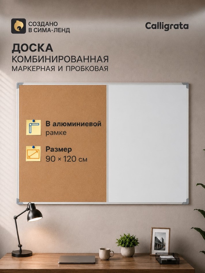 Доска комбинированная магнитно-маркерная и пробковая 90×120 см, в алюминиевой рамке, CALLIGRATA - Фото 1
