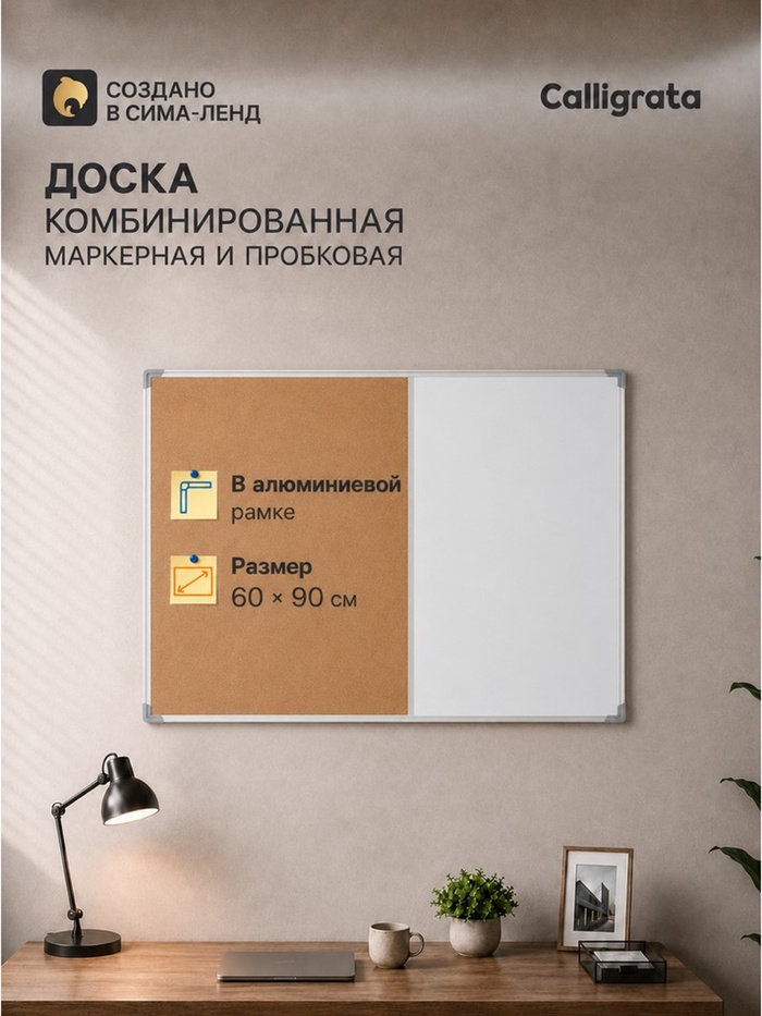 Доска комбинированная, магнитно-маркерная и пробковая, Calligrata, 60×90 см, в алюминиевой рамке - Фото 1