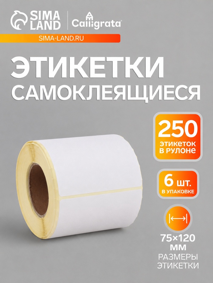 Термоэтикетка 75×120 мм, набор 6 шт, диаметр втулки=40 мм, 250 этикеток ЭКО