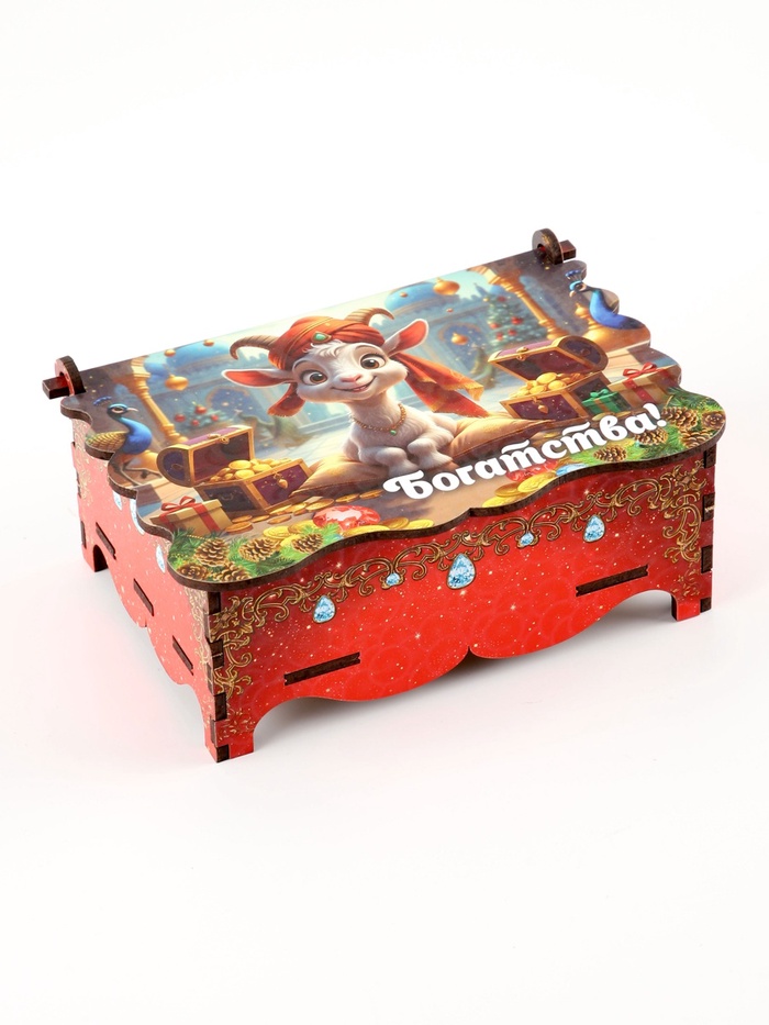 Шкатулка новогодняя «Богатства!», дерево, 14×9×6 см