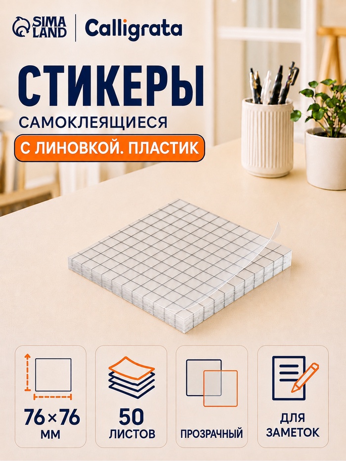 Блок с липким краем 76мм х 76мм 50л пластик прозрачный, клетка