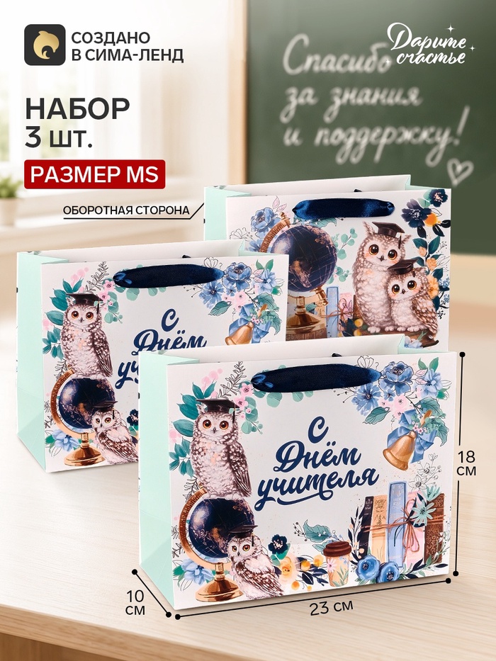 Пакеты подарочные «С Днём учителя», набор 3 шт., 23×18×10 см