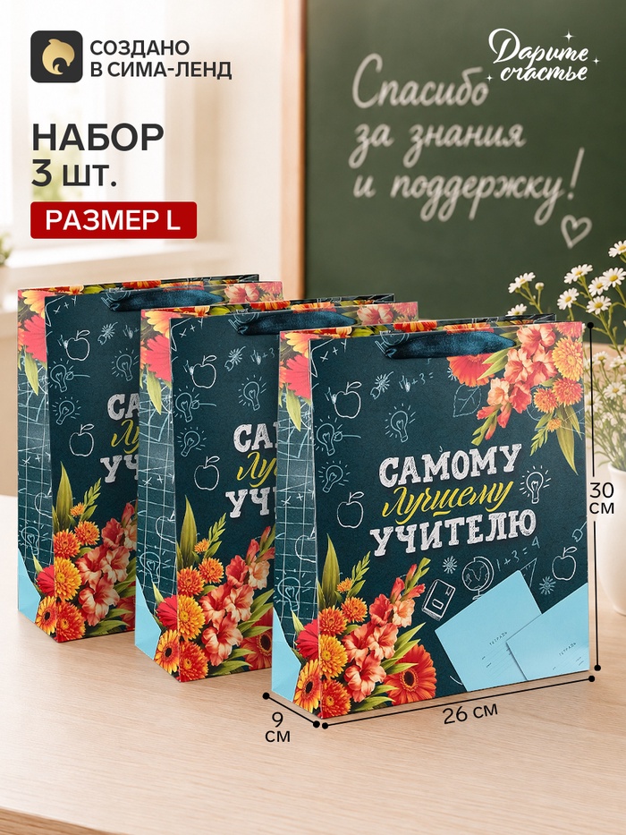 Пакеты подарочные «Учителю», набор 3 шт., 26×30×9 см