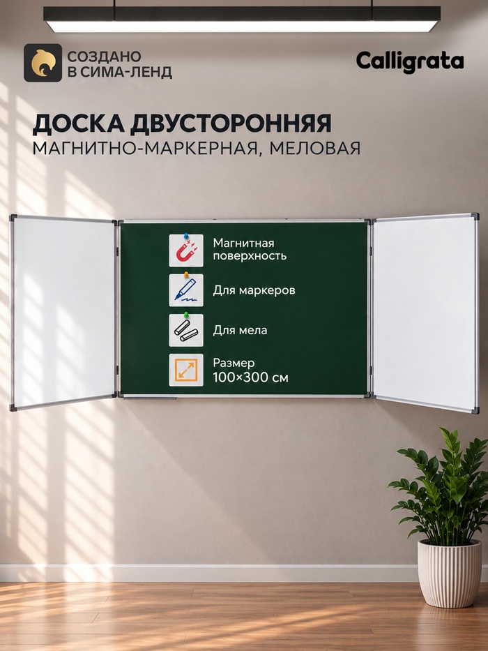 Доска двусторонняя, магнитно-маркерная и меловая, 300×100/100×75×2, трёхсекционная, в алюминевой раме