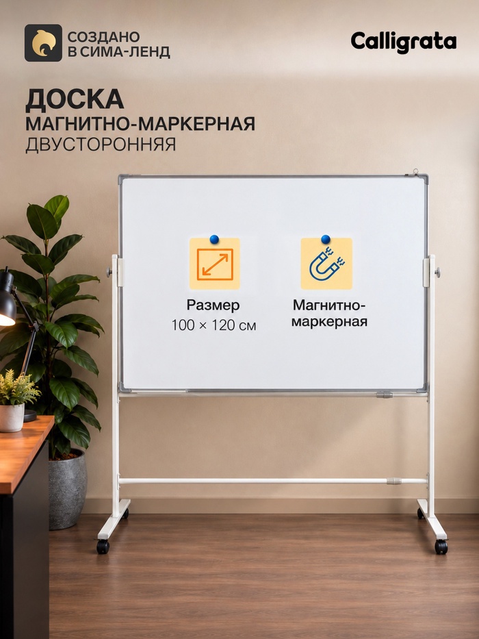 Доска двусторонняя, магнитно-маркерная, 100×120 см, в алюминевой рамке, на подставке, с колесами