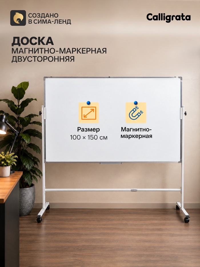 Доска двусторонняя магнитно-маркерная, 100×150 см, в алюминевой рамке, на подставке, с колесами