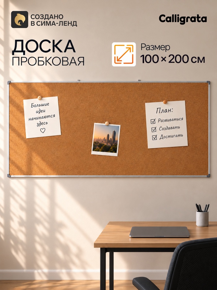 Доска пробковая, 100×200 см, в алюминевой рамке, CALLIGRATA