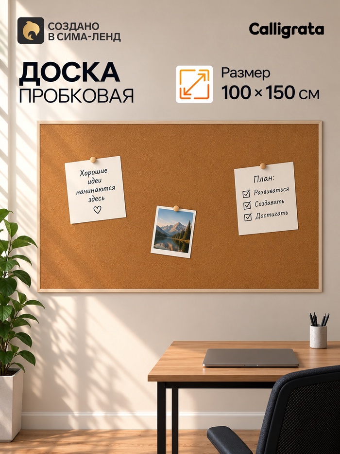 Доска пробковая, 100×150 см, в деревянной рамке, CALLIGRATA