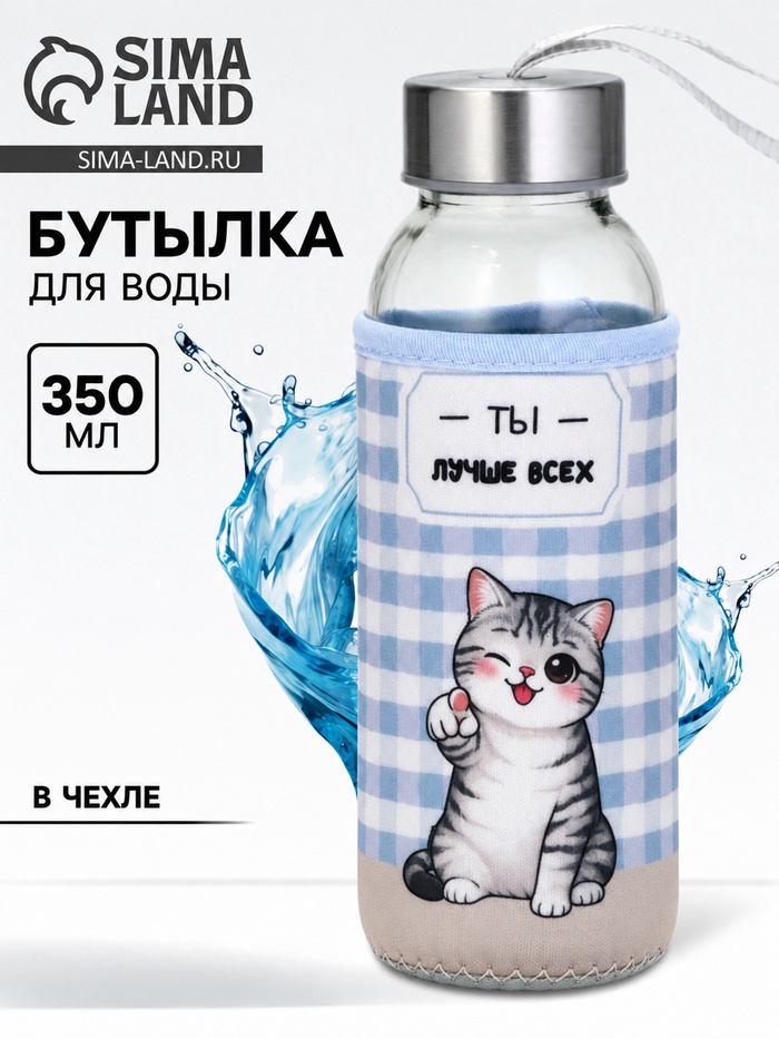 Бутылка для воды стеклянная «Котик, ты лучше всех», 350 мл, в чехле
