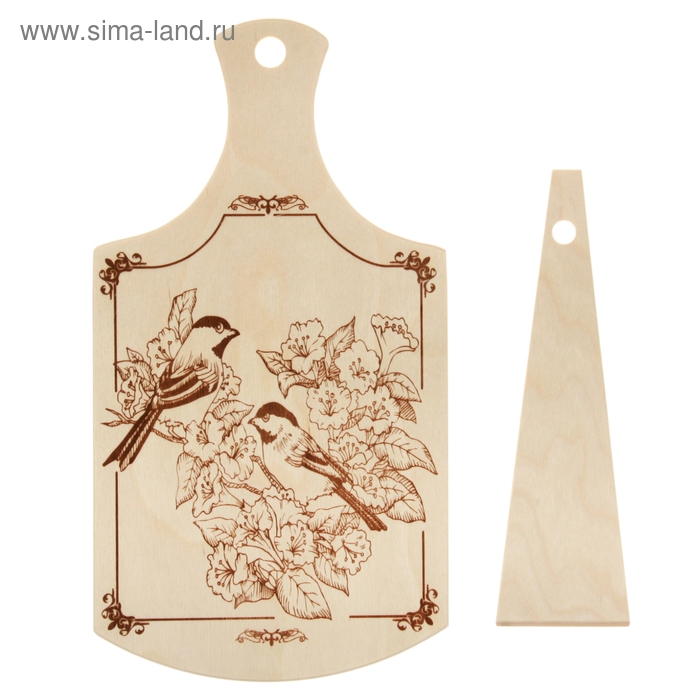 Доска разделочная деревянная "Береза", рисунок птицы, лопатка в подарок - Фото 1