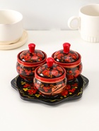 Набор для специй на подставке «Земляничка», 15×15×6 см, дерево, хохлома - Фото 1