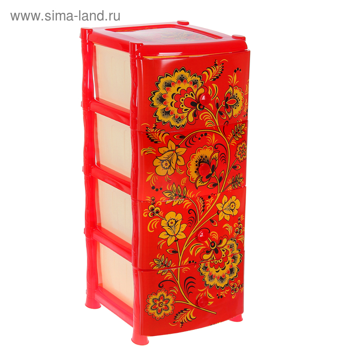 Комод 4 секции "Хохлома", цвет красный - Фото 1