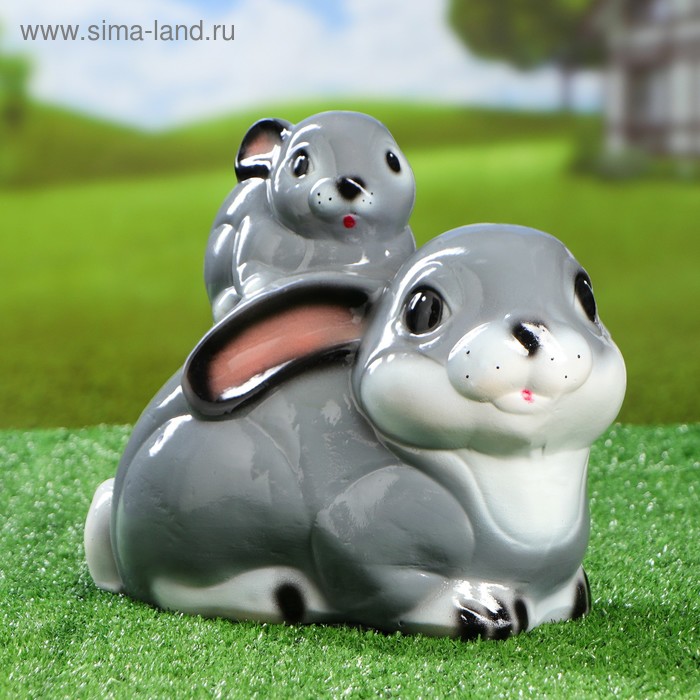 Садовая фигура "Зайчиха с зайчонком" глянец, серый - Фото 1